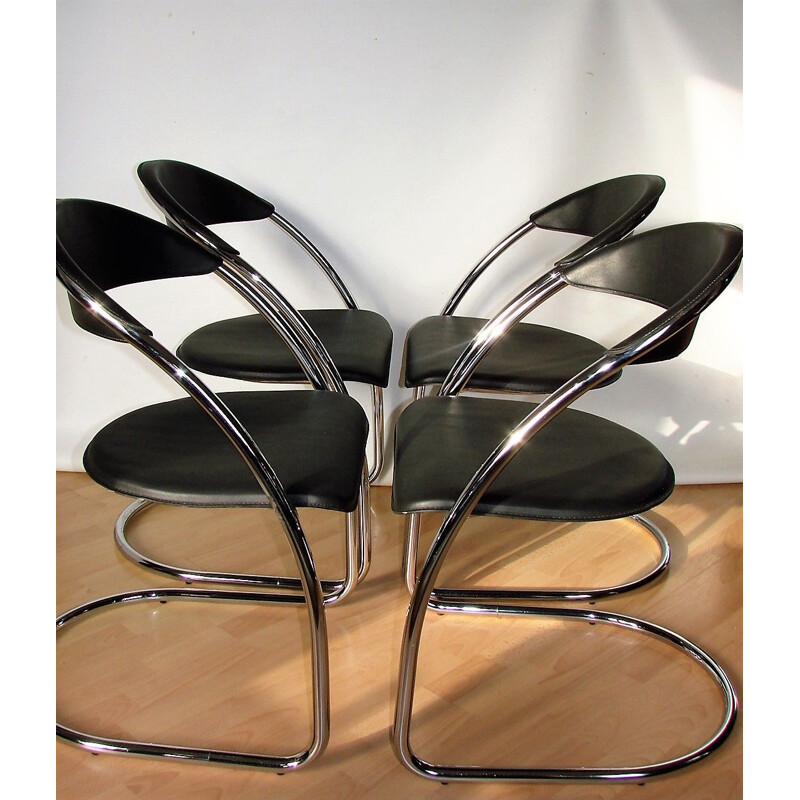 Set of 4 vinage chromed steel and natural leather chairs Italy 1970s