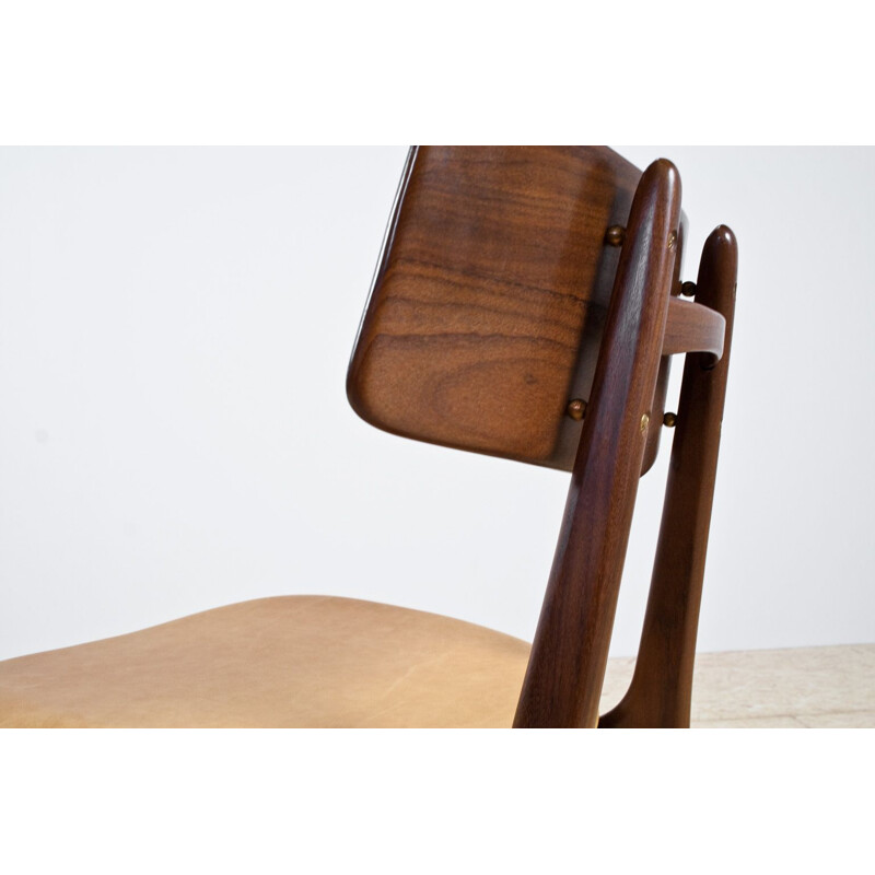Set of 4 vintage chairs in teak and leather by Louis van Teeffelen 1950s