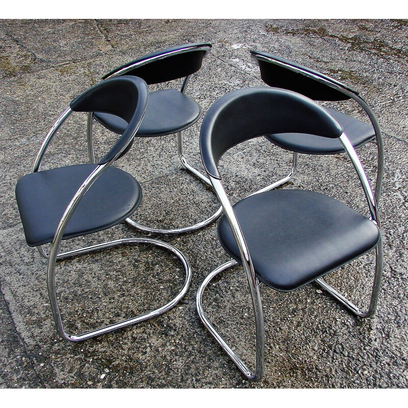 Set of 4 vinage chromed steel and natural leather chairs Italy 1970s