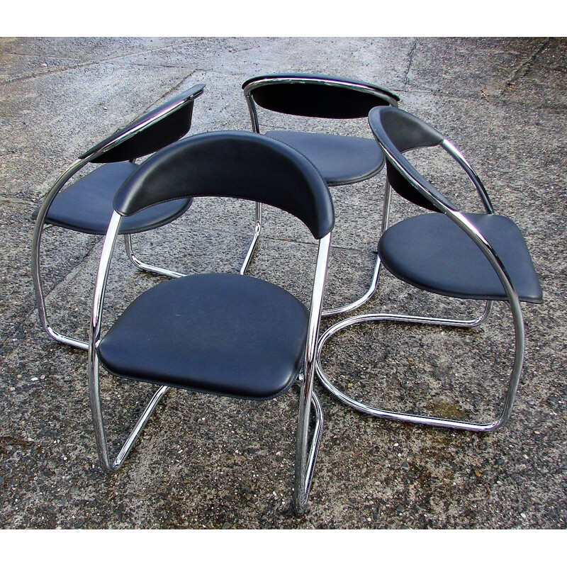 Set of 4 vinage chromed steel and natural leather chairs Italy 1970s