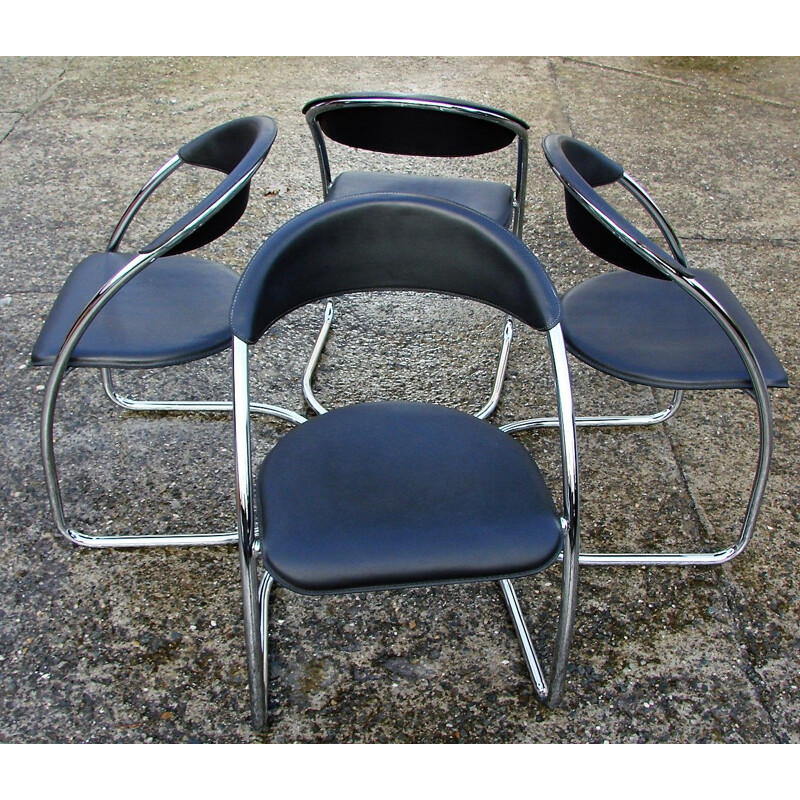 Set of 4 vinage chromed steel and natural leather chairs Italy 1970s