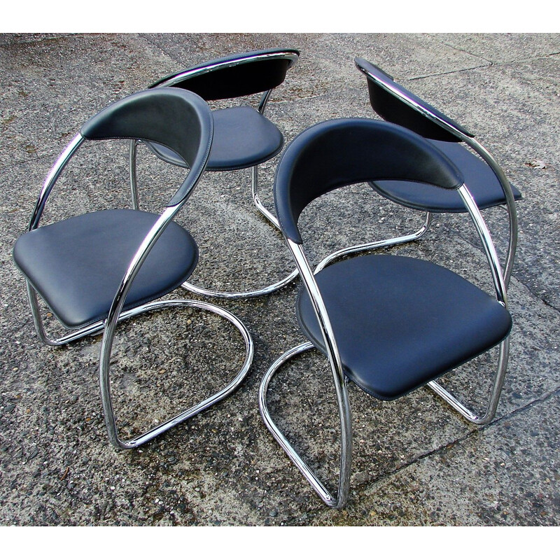 Set of 4 vinage chromed steel and natural leather chairs Italy 1970s