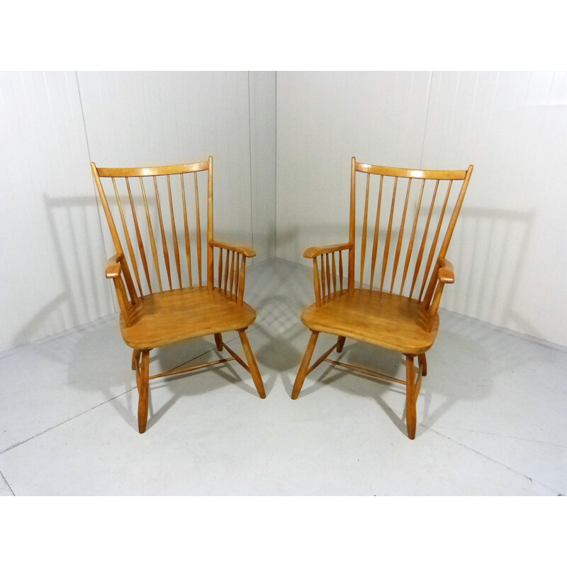 Pair of vintage beech wooden arm chairs Scandinavian 1960s