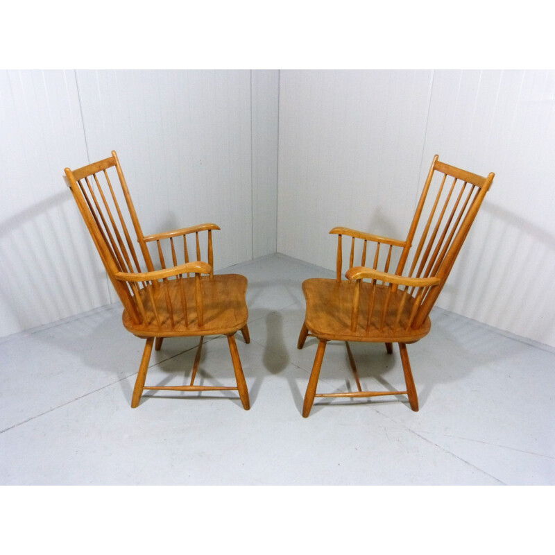 Pair of vintage beech wooden arm chairs Scandinavian 1960s