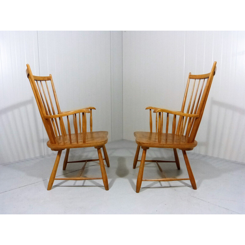 Pair of vintage beech wooden arm chairs Scandinavian 1960s