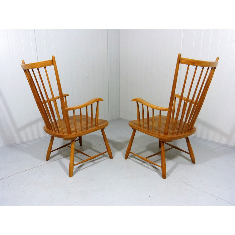 Pair of vintage beech wooden arm chairs Scandinavian 1960s