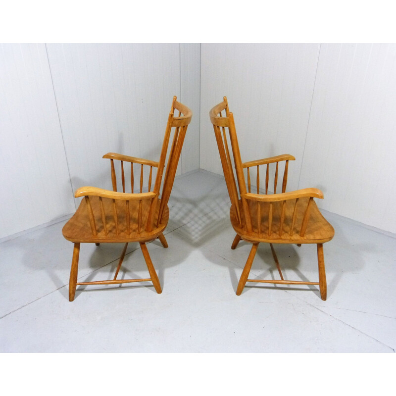 Pair of vintage beech wooden arm chairs Scandinavian 1960s