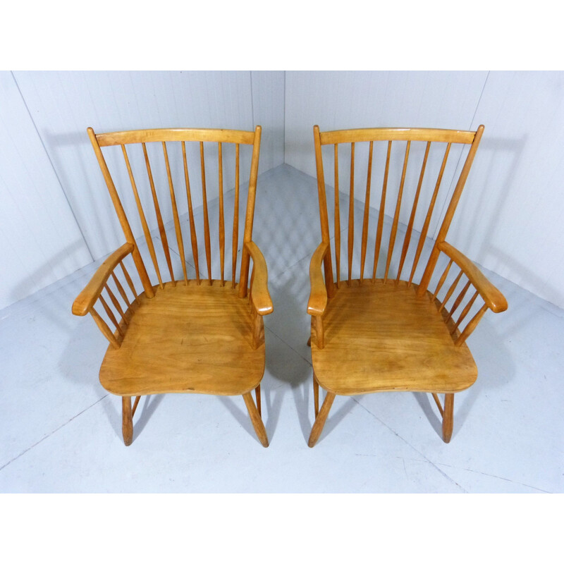 Pair of vintage beech wooden arm chairs Scandinavian 1960s