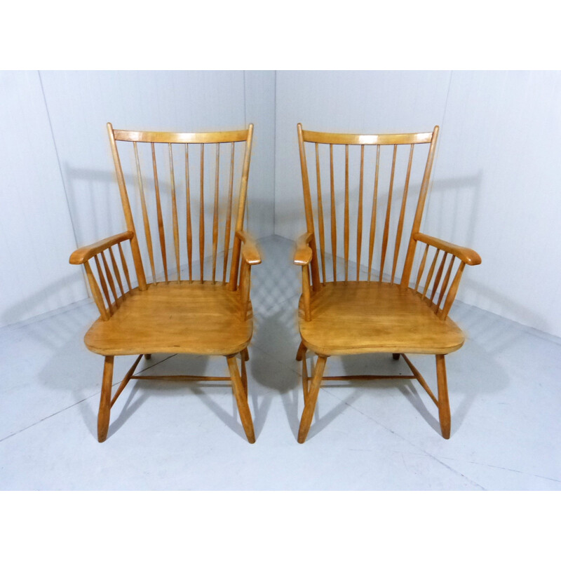 Pair of vintage beech wooden arm chairs Scandinavian 1960s