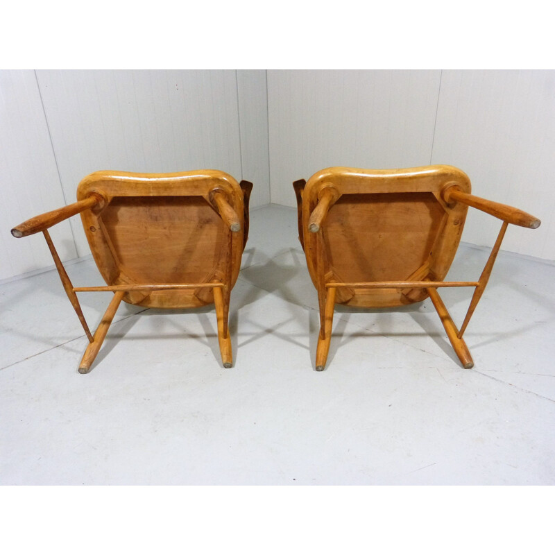 Pair of vintage beech wooden arm chairs Scandinavian 1960s