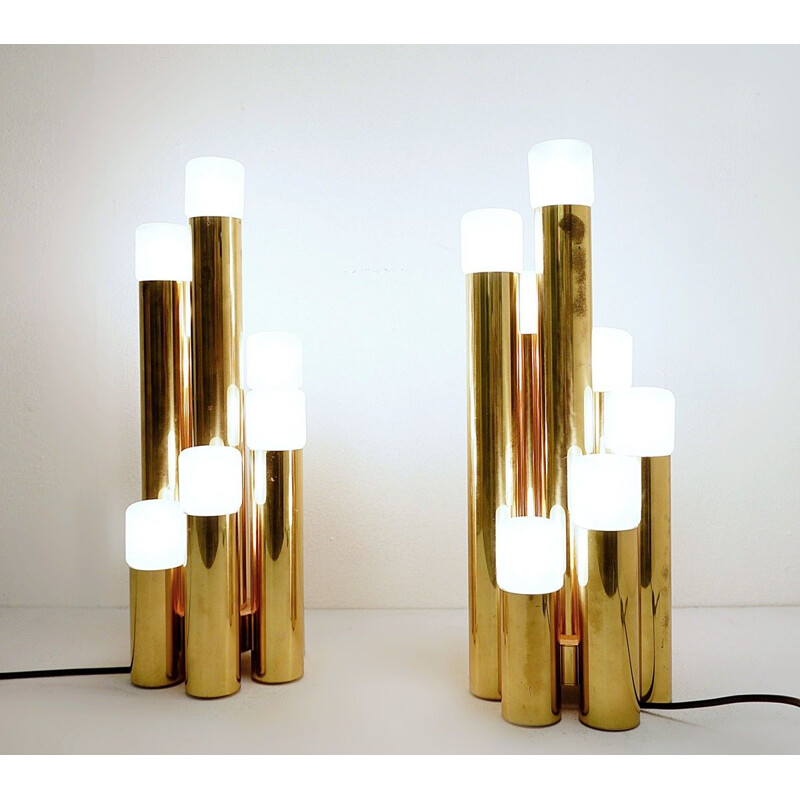 Paire de Lampes vintage de Bureau Tubulaires en Laiton par Gaetano Sciolari pour Boulanger 1970