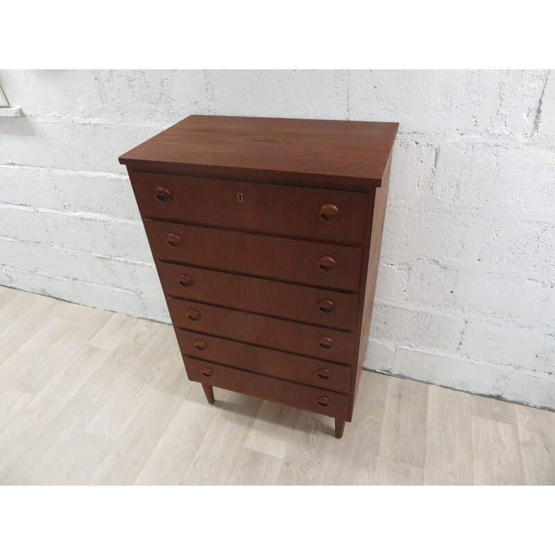 Vintage high chest of drawers in teak Scandinavian 1960