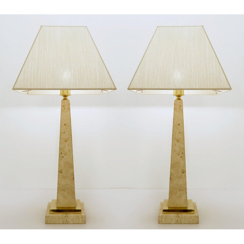 Pair of vintage travertine obelisk table lamps