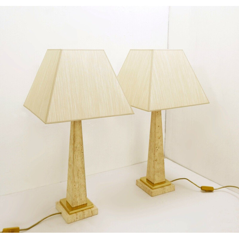 Paire de lampes de table vintage obélisque en travertin
