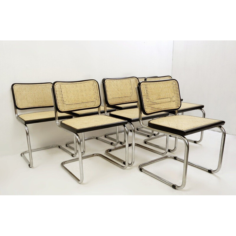 Lot of 8 vintage chairs cane and chrome Italy 1970