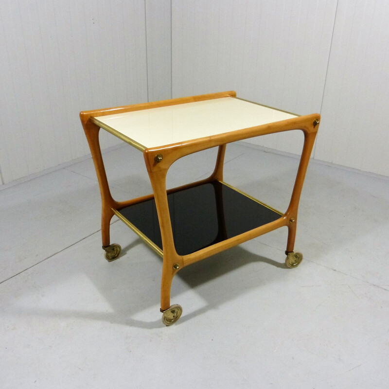 Vintage serving trolley with white and black glass shelves 1950