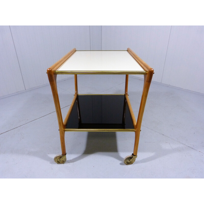 Vintage serving trolley with white and black glass shelves 1950