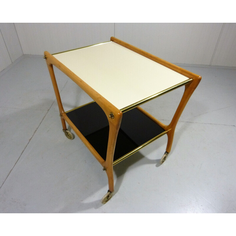 Vintage serving trolley with white and black glass shelves 1950