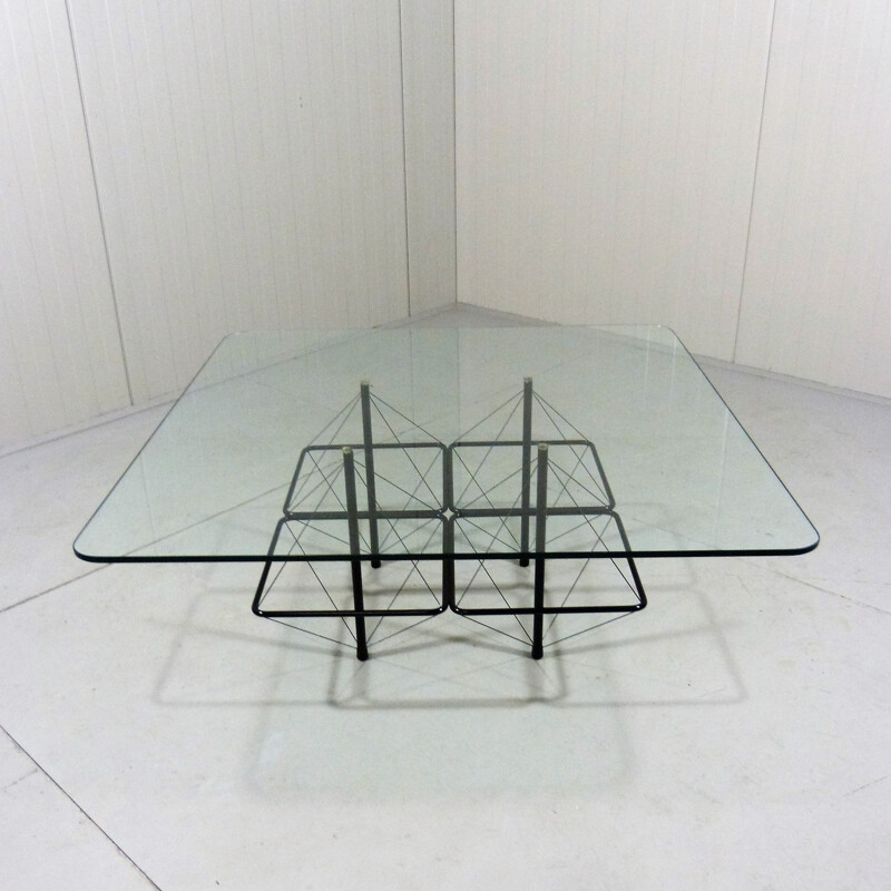 Vintage architectonic black steel wire coffee table Italian 1980s