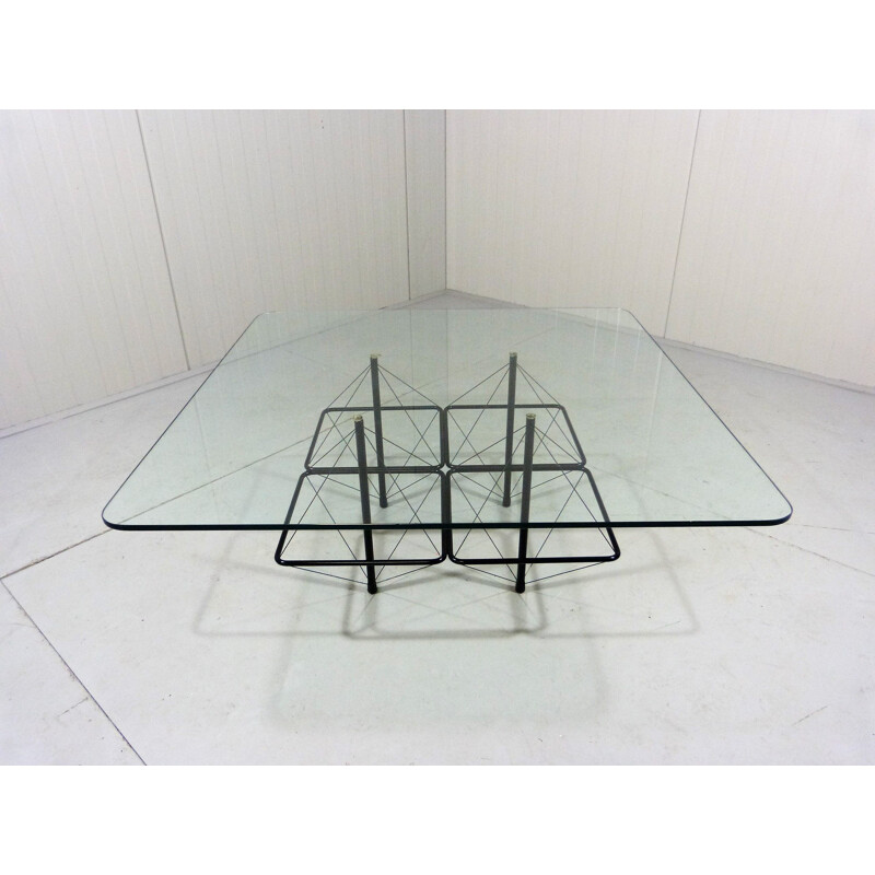 Vintage architectonic black steel wire coffee table Italian 1980s
