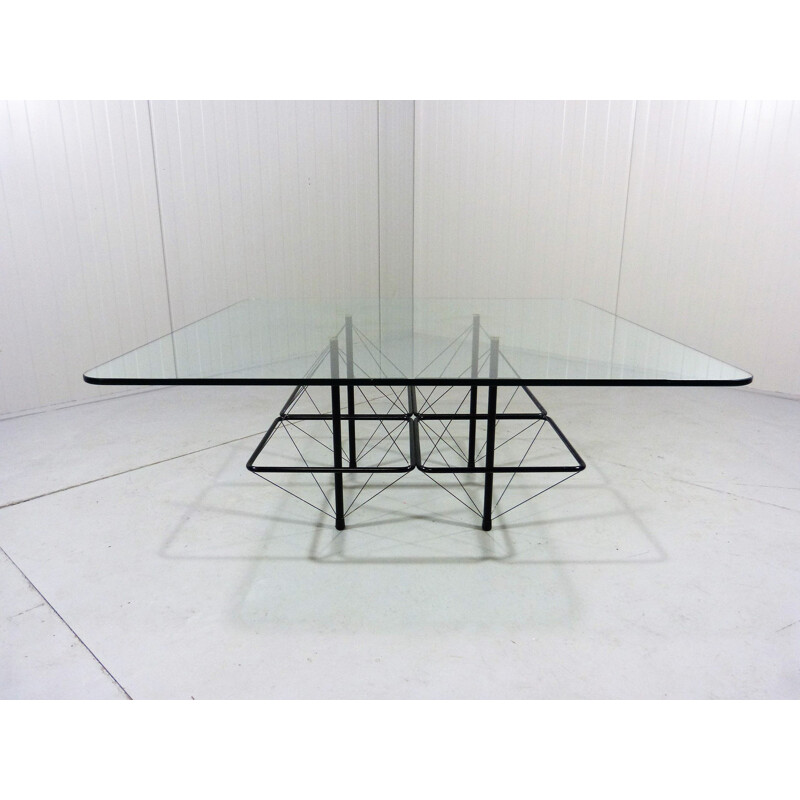 Vintage architectonic black steel wire coffee table Italian 1980s