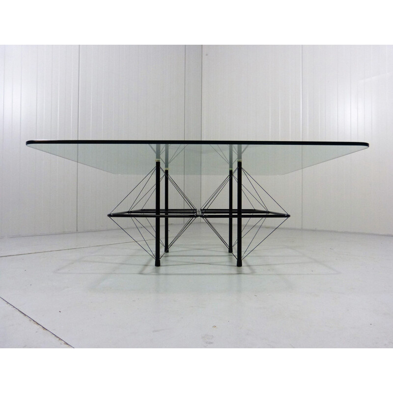 Vintage architectonic black steel wire coffee table Italian 1980s