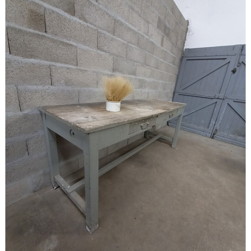 Large vintage workshop table in white wood