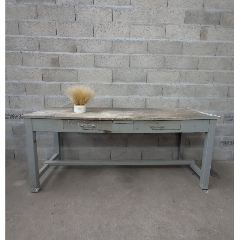 Large vintage workshop table in white wood