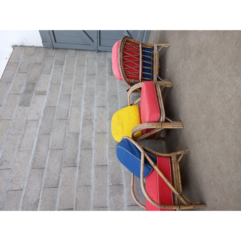 Set of 3 vintage rattan armchairs 1950s