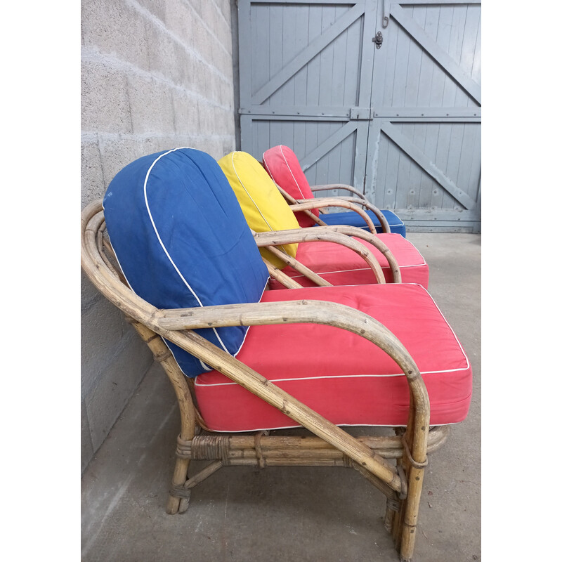 Set of 3 vintage rattan armchairs 1950s