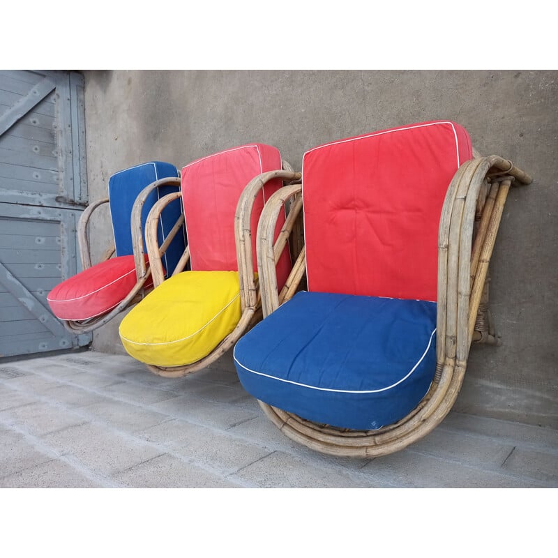 Set of 3 vintage rattan armchairs 1950s