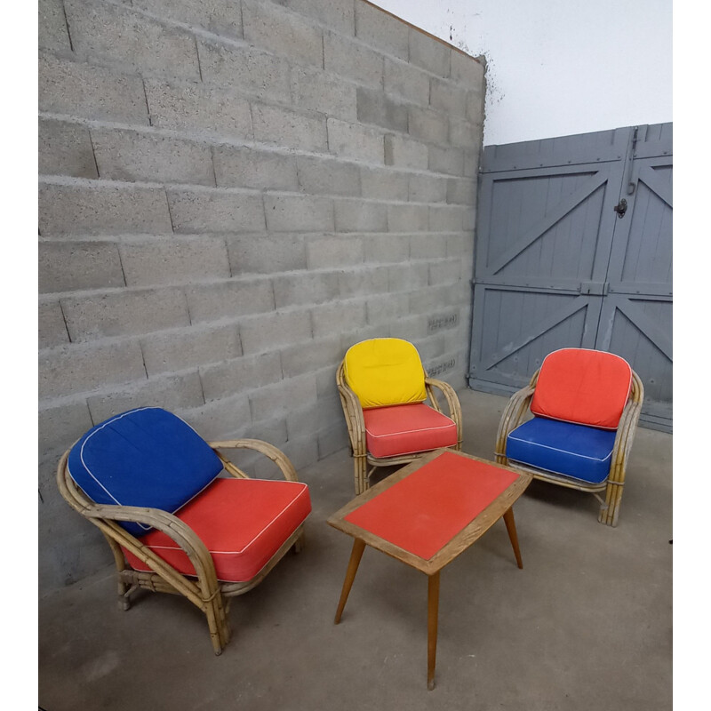 Set of 3 vintage rattan armchairs 1950s