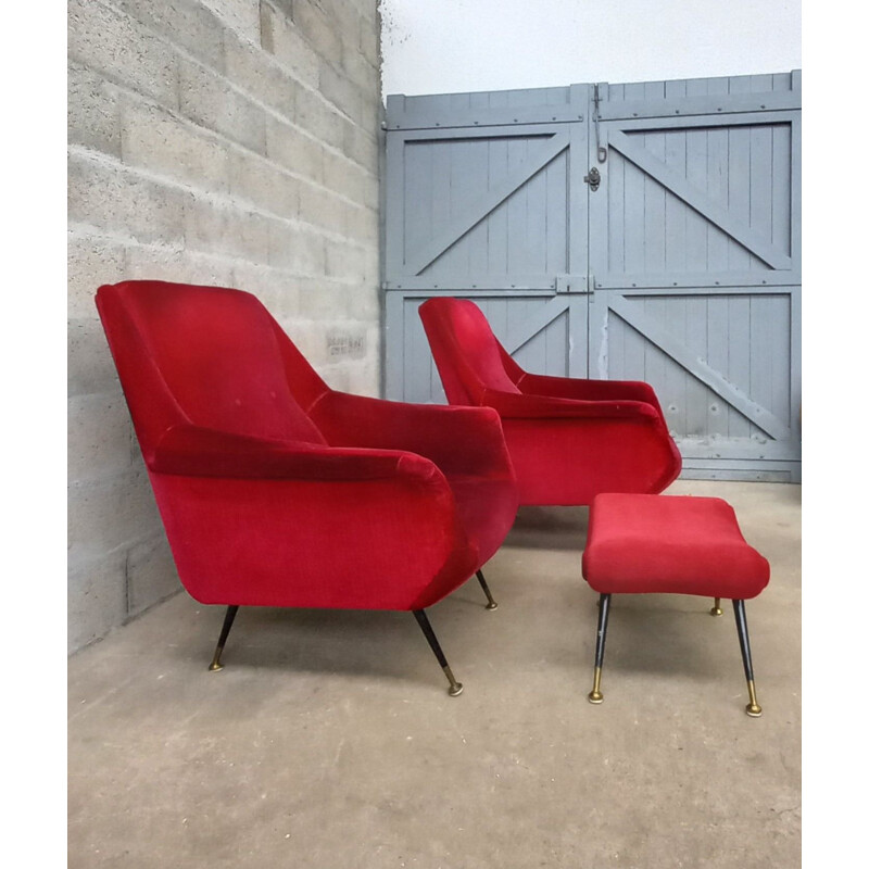 Pair of vintage armchairs with velvet ottoman, Italy 1950