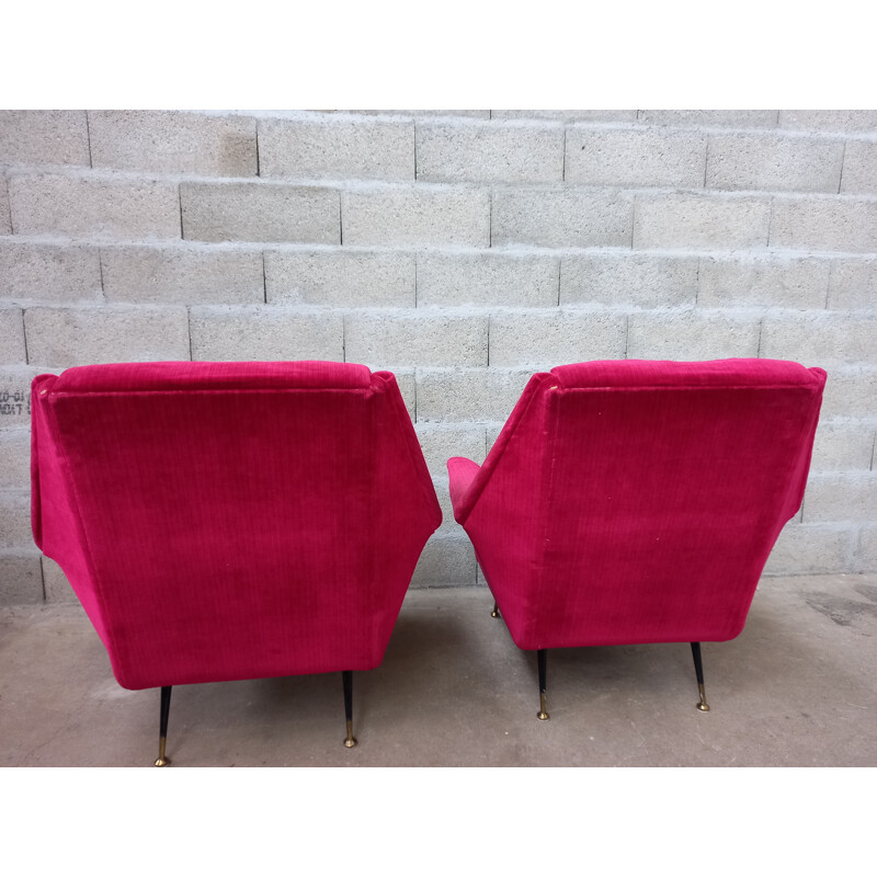 Pair of vintage armchairs with velvet ottoman, Italy 1950