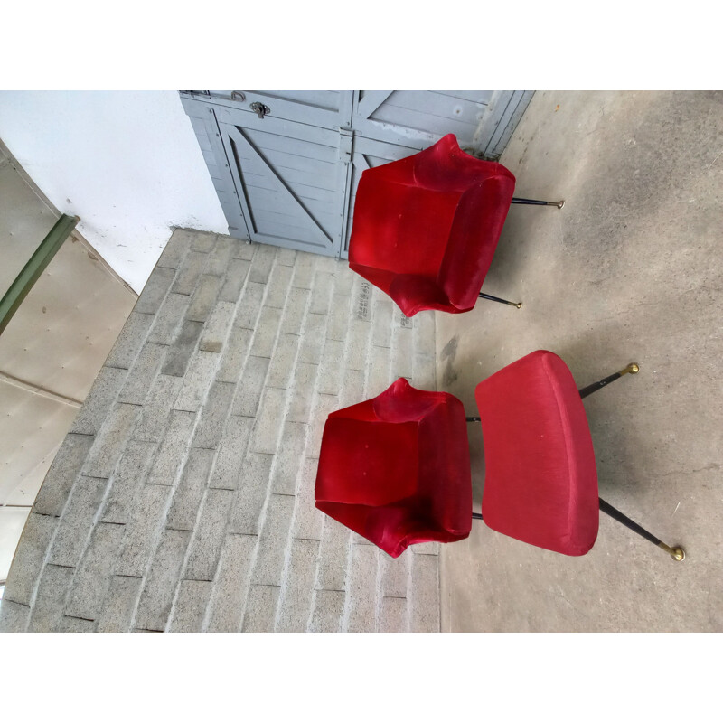 Pair of vintage armchairs with velvet ottoman, Italy 1950