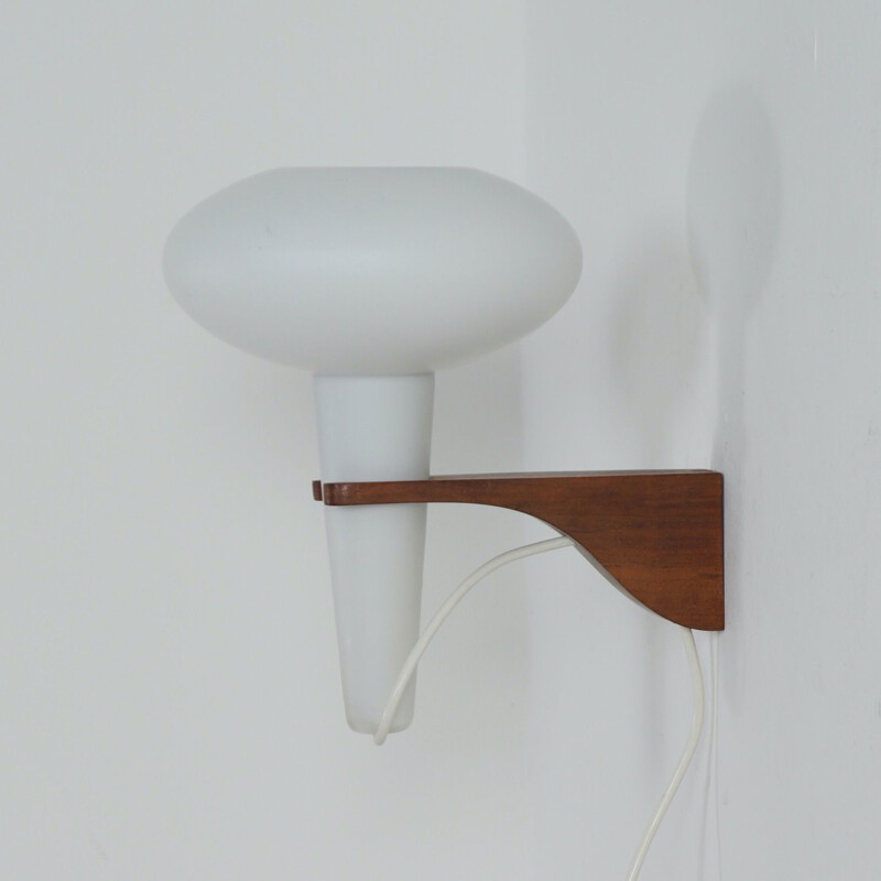 Vintage teak and white glass mushroom wall lamp by Artimeta, 1960