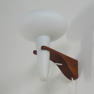 Vintage teak and white glass mushroom wall lamp by Artimeta, 1960