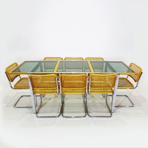 Table à manger vintage Cesca avec table à rallonge et 8 chaises Cesca de Marcel Breuer en hêtre, canapé et chrome