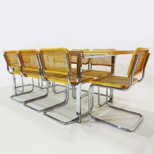 Vintage Cesca dining set with extending table and 8 Marcel Breuer by Cesca Beech, Can and Chrome chairs