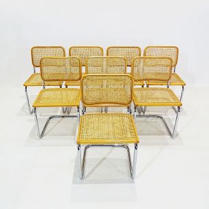 Vintage Cesca dining set with extending table and 8 Marcel Breuer by Cesca Beech, Can and Chrome chairs