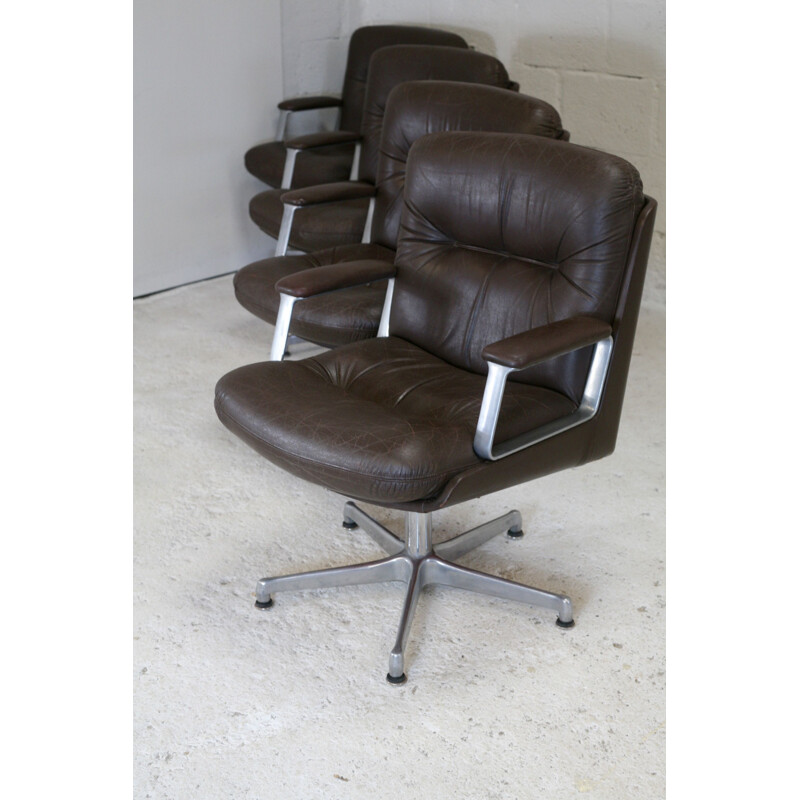 Lot of 4 Vaghi Vintage Brown Leather Office Armchair Italy 1960s