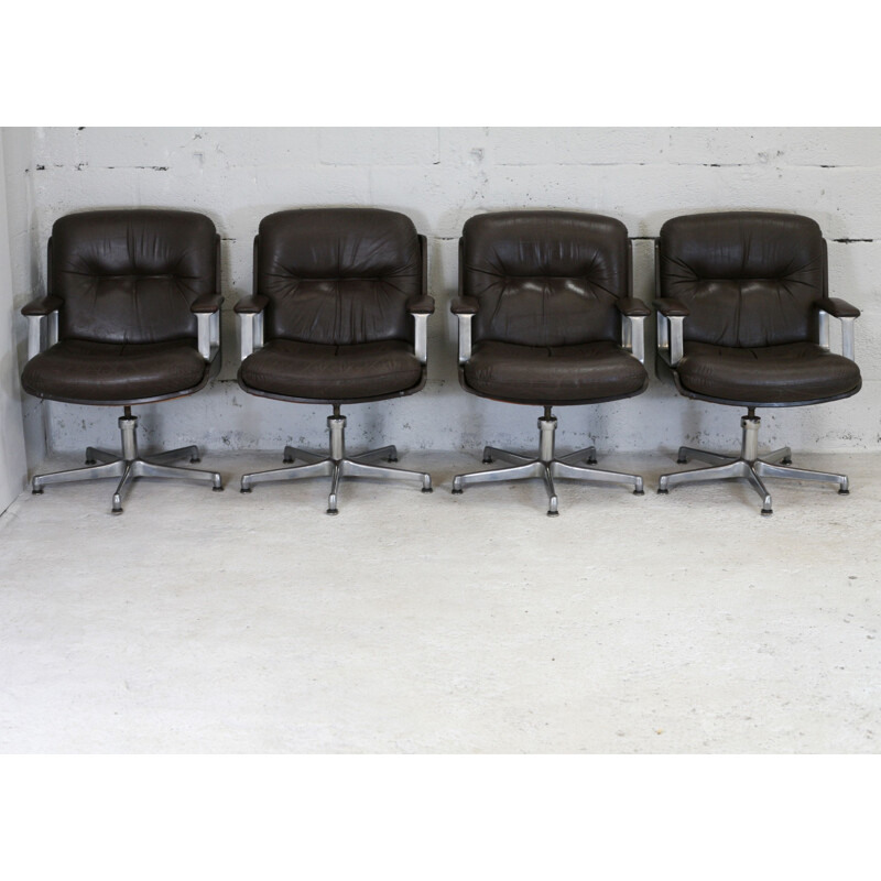 Lot de 4 fauteuils de bureau vintage Vaghi en cuir marron Italie 1960