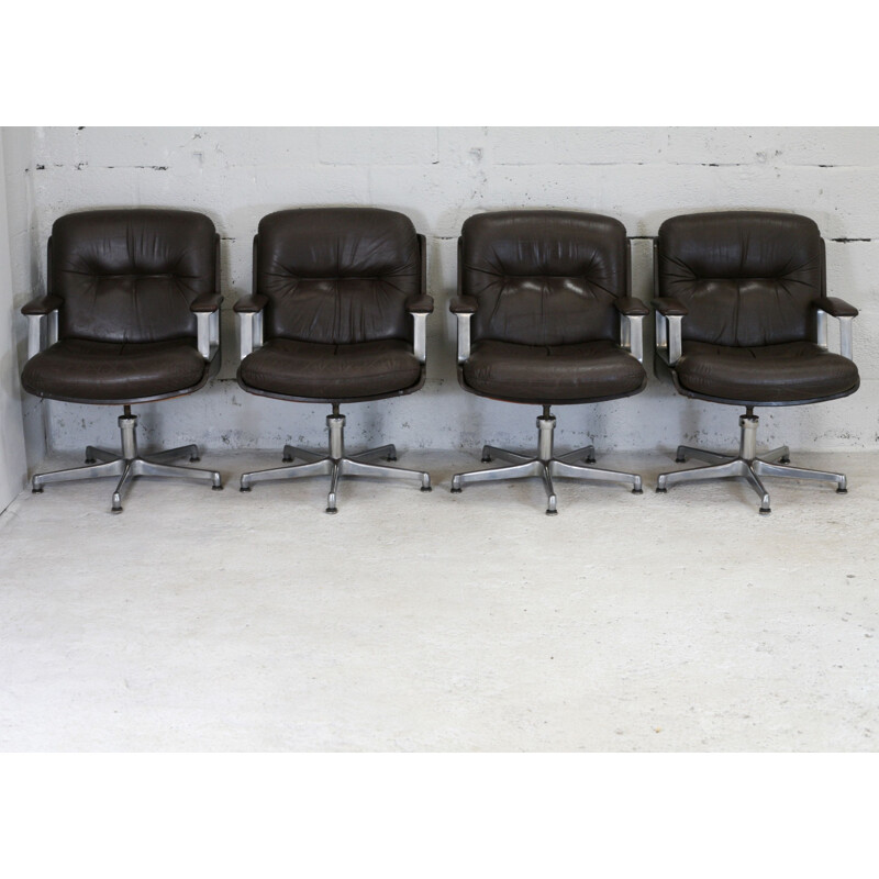 Lot of 4 Vaghi Vintage Brown Leather Office Armchair Italy 1960s