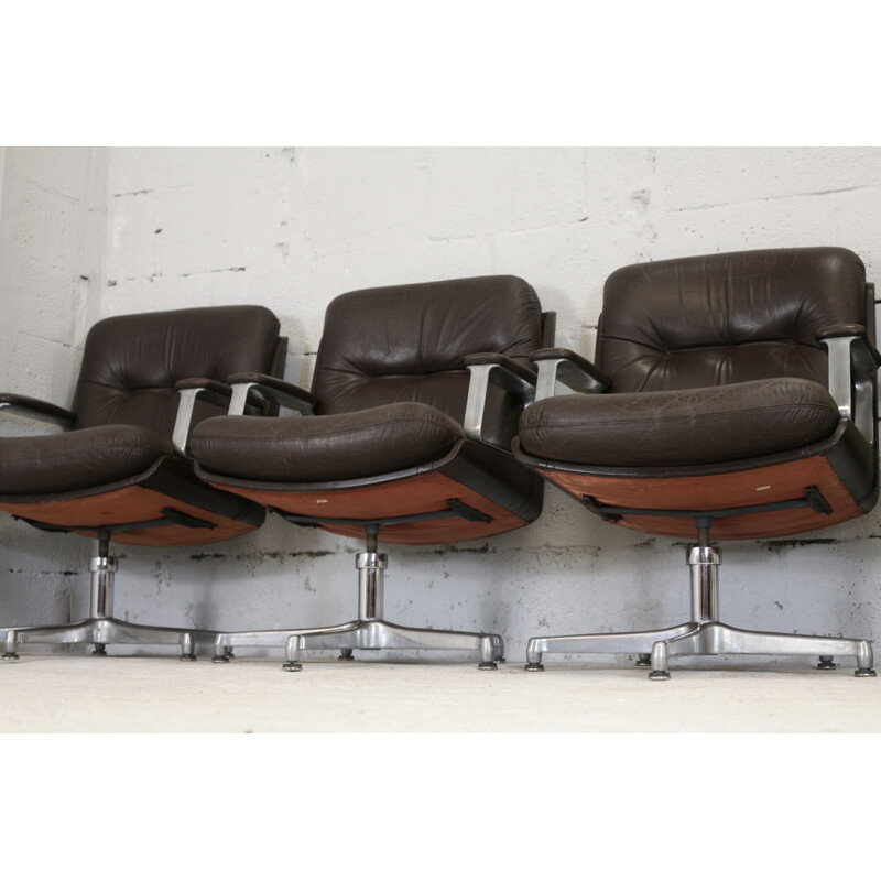 Lot de 4 fauteuils de bureau vintage Vaghi en cuir marron Italie 1960