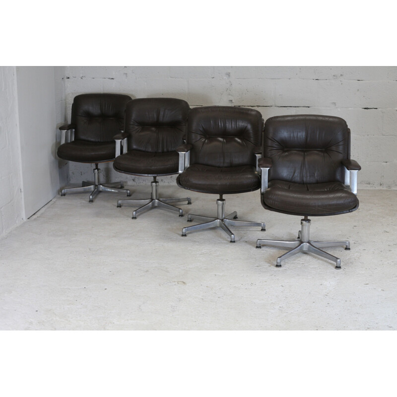 Lot of 4 Vaghi Vintage Brown Leather Office Armchair Italy 1960s
