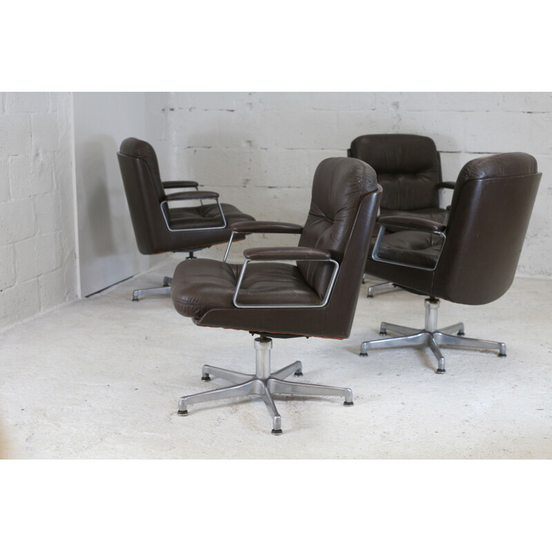 Lot of 4 Vaghi Vintage Brown Leather Office Armchair Italy 1960s