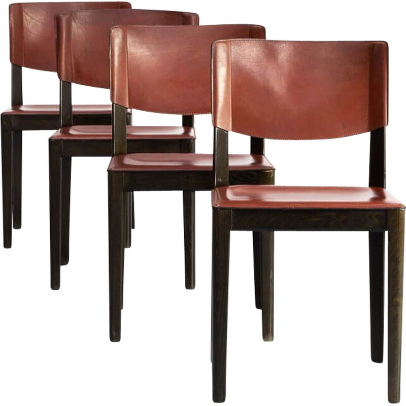 Set of 4 vintage leather and ebonized oak dining chairs for Matteo Grassi 1960s