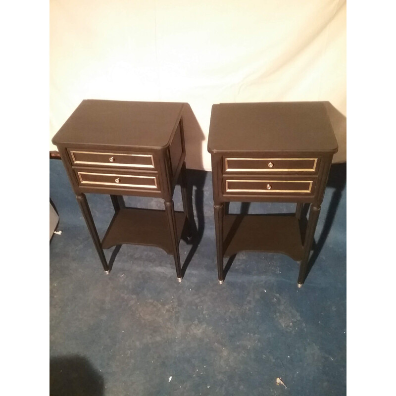 Pair of vintage bedside tables Brass filets on drawers