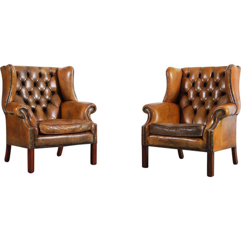 Pair of vintage armchairs with leather ears 1950s