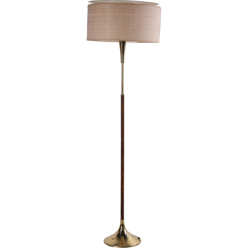 Vintage rosewood floor lamp with brass base and fabric shade